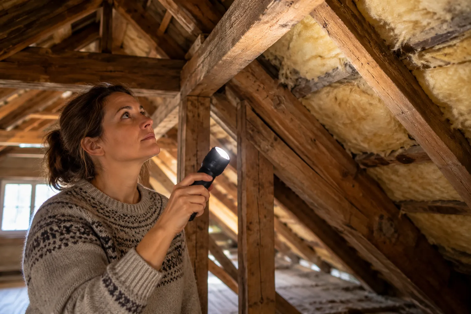 A homeowner checking an attic ceiling with a flashlight in the California area